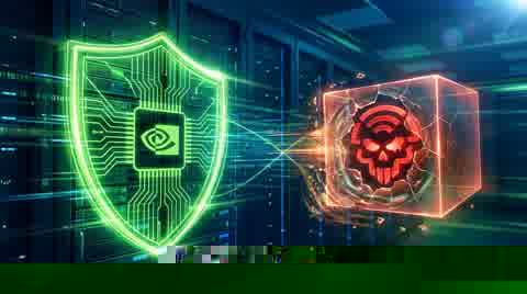 Ilustração editorial de um escudo digital protegendo servidores da Nvidia, simbolizando a Open Agent Safety Platform criada para conter agentes de IA fora de controle
