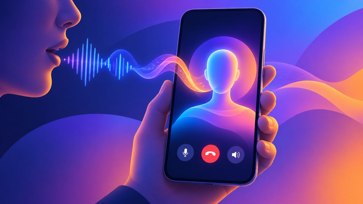 Ilustração editorial de uma chamada de voz em tempo real transformando-se em um avatar digital na tela de um celular