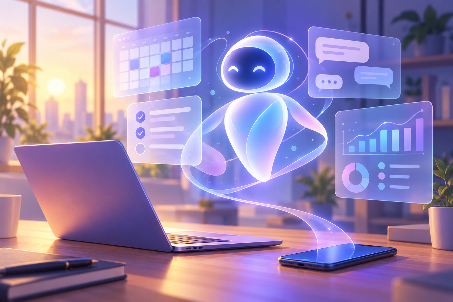Ilustração editorial de um agente de inteligência artificial trabalhando em segundo plano enquanto conecta laptop e celular
