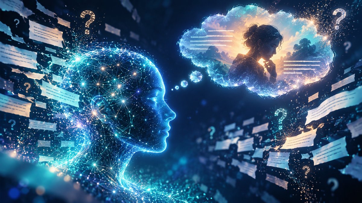 Ilustração editorial de uma silhueta de inteligência artificial em rede neural brilhante, de perfil, com um balão de pensamento mostrando a silhueta de uma pessoa, representando a capacidade de intuir intenções não ditas do usuário