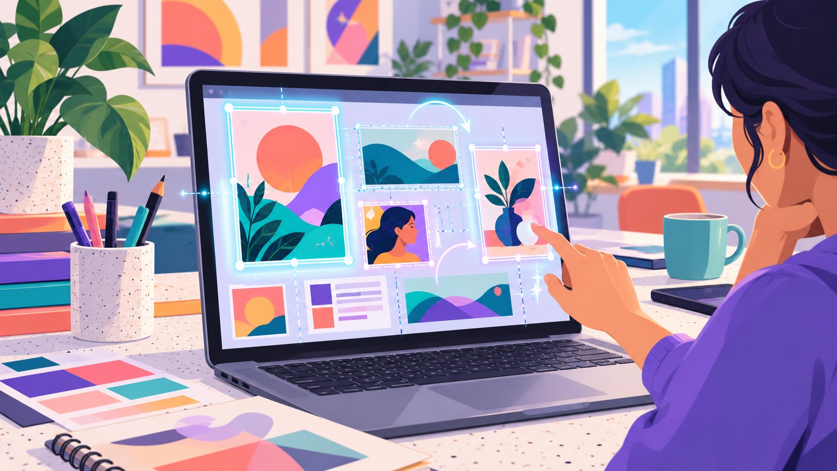 Ilustração editorial colorida representando edição de design assistida por inteligência artificial, com formas geométricas, camadas e elementos visuais flutuantes em estilo flat