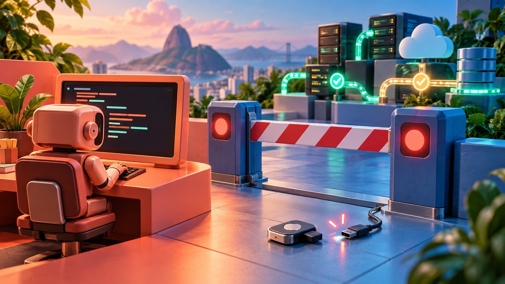 Ilustração editorial de um terminal coral, barreira azul fechada e conexões luminosas, representando verificações que bloqueiam ações quando falham e integrações resilientes do Claude Code.
