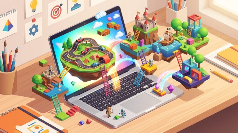 Ilustração editorial de um notebook com mundos de jogos coloridos, plataformas flutuantes e pistas de corrida, representando criação de jogos por conversa no Google Playground.