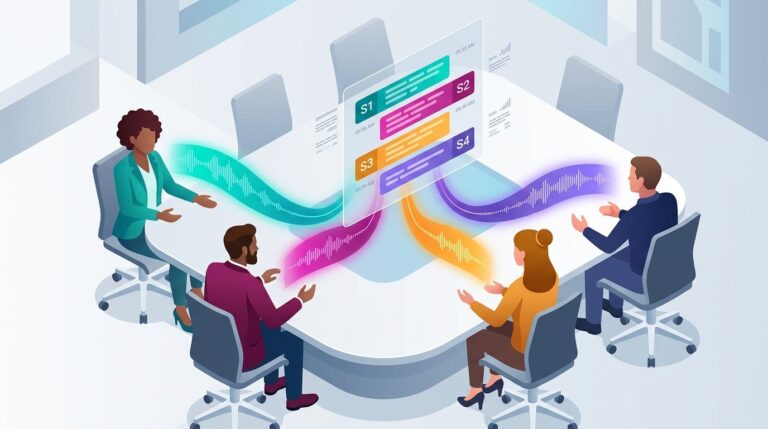 Ilustração editorial de reunião com quatro pessoas; ondas de áudio coloridas saem de cada participante para uma transcrição com falas identificadas por falante (S1 a S4).
