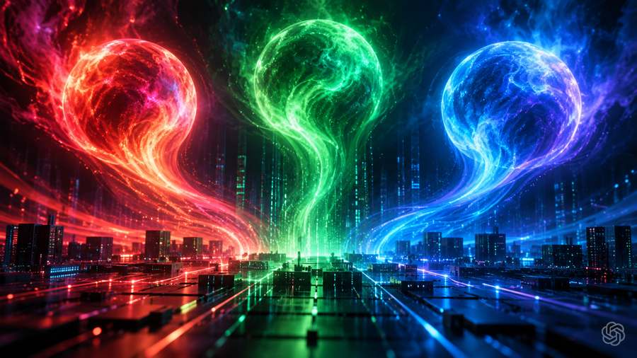 Ilustracao abstrata de tres feixes de luz coloridos representando os codinomes Aurora da OpenAI vazados e testados na Arena.