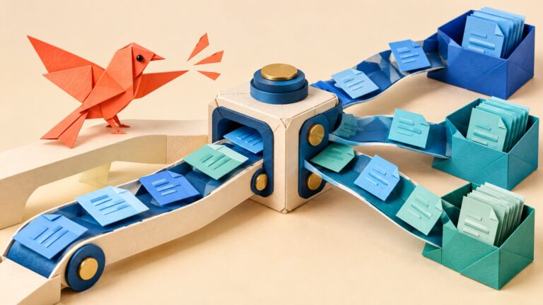 Ilustração editorial de pássaro de origami coral organizando cartões azuis em um pequeno centro de triagem, metáfora da automação eficiente com modelos de IA menores.