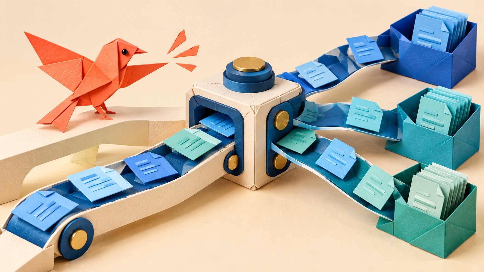 Ilustração editorial de pássaro de origami coral organizando cartões azuis em um pequeno centro de triagem, metáfora da automação eficiente com modelos de IA menores.