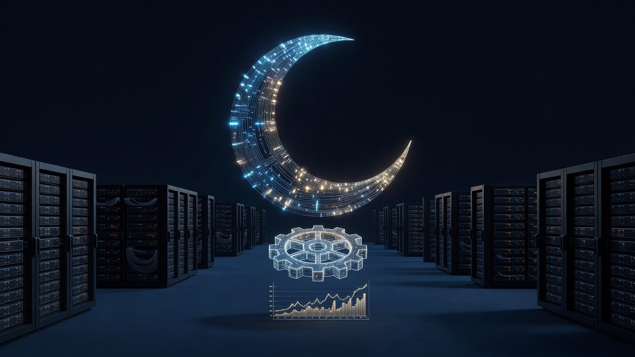 Ilustração editorial de uma lua crescente feita de circuitos sobre um data center, com engrenagem 3D e gráfico financeiro holográficos, representando o Kimi K3.1 Pro da Moonshot AI