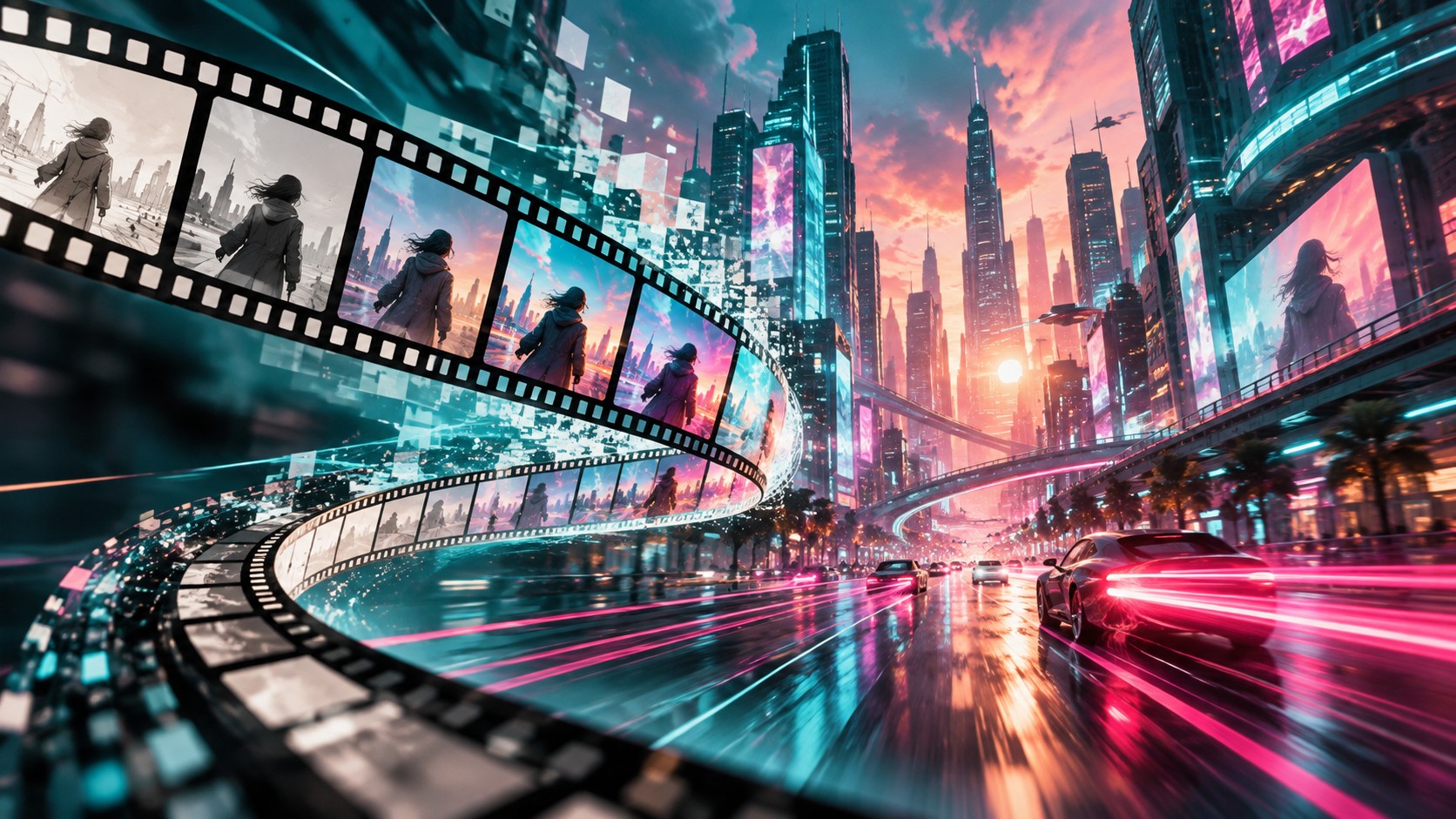 Ilustração editorial abstrata representando geração de vídeo por IA, com trilhas de movimento neon e quadros de filme se transformando em uma cena urbana futurista.