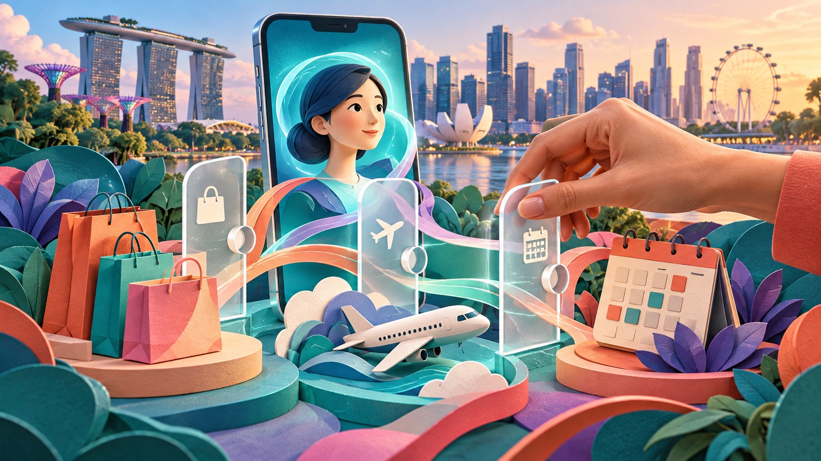 Ilustração editorial de agente pessoal no celular conectando compras, viagens e calendário em Singapura, com uma mão controlando permissões.