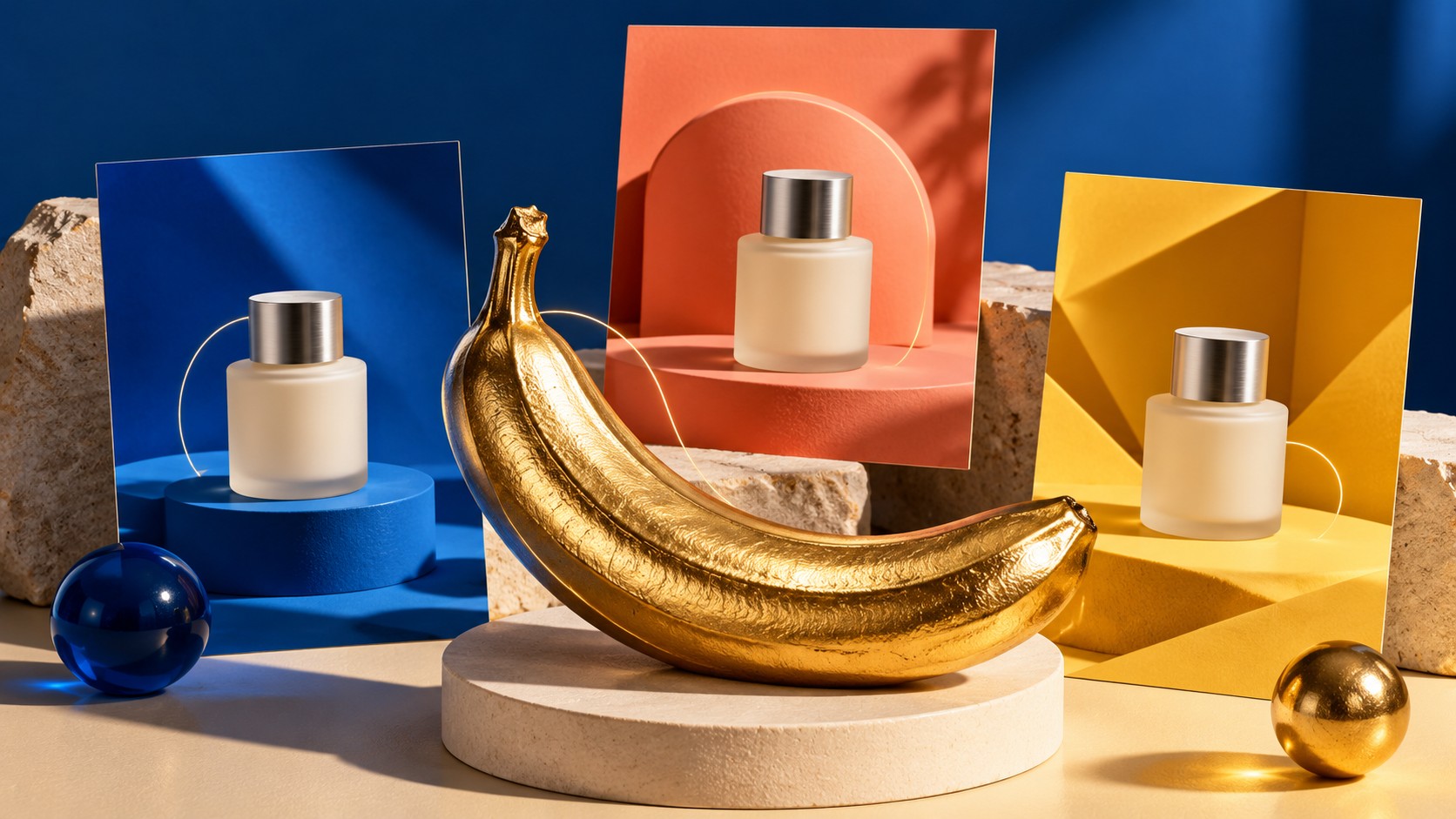 Ilustração editorial de uma banana dourada e cartões com um frasco de cosmético fictício em cenários coloridos, simbolizando edição de imagens de produto.
