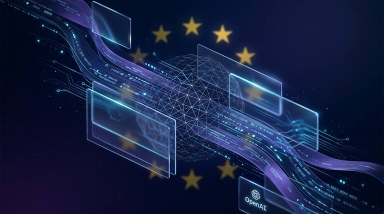 Ilustração editorial abstrata em tons de azul e roxo representando marca d'água digital invisível em texto, com estrelas da União Europeia estilizadas ao fundo e logo da OpenAI discreto no canto
