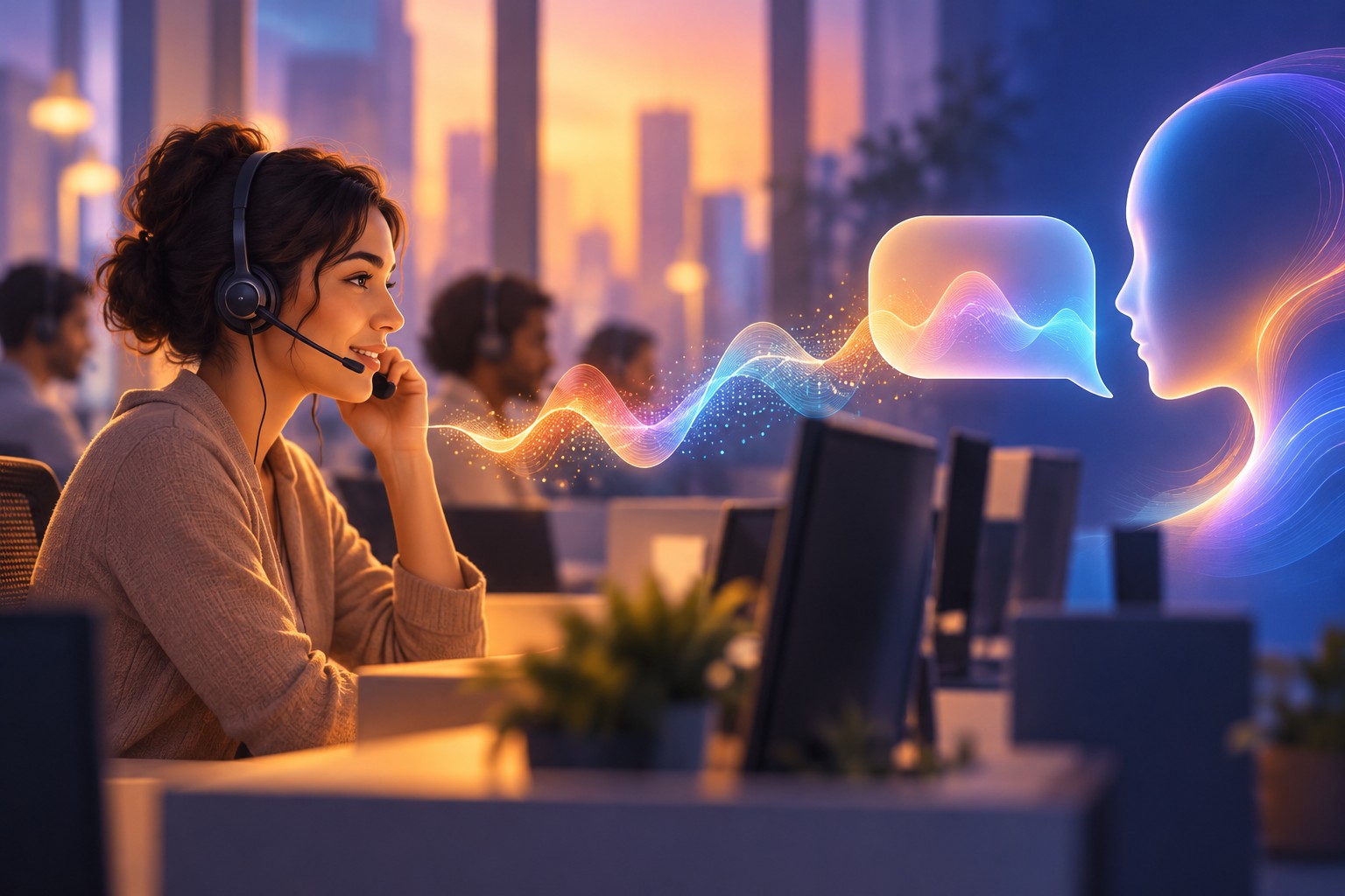 Ilustração editorial de uma atendente com headset conversando com uma presença de IA representada por ondas sonoras luminosas, simbolizando um modelo de fala para fala em agente de voz