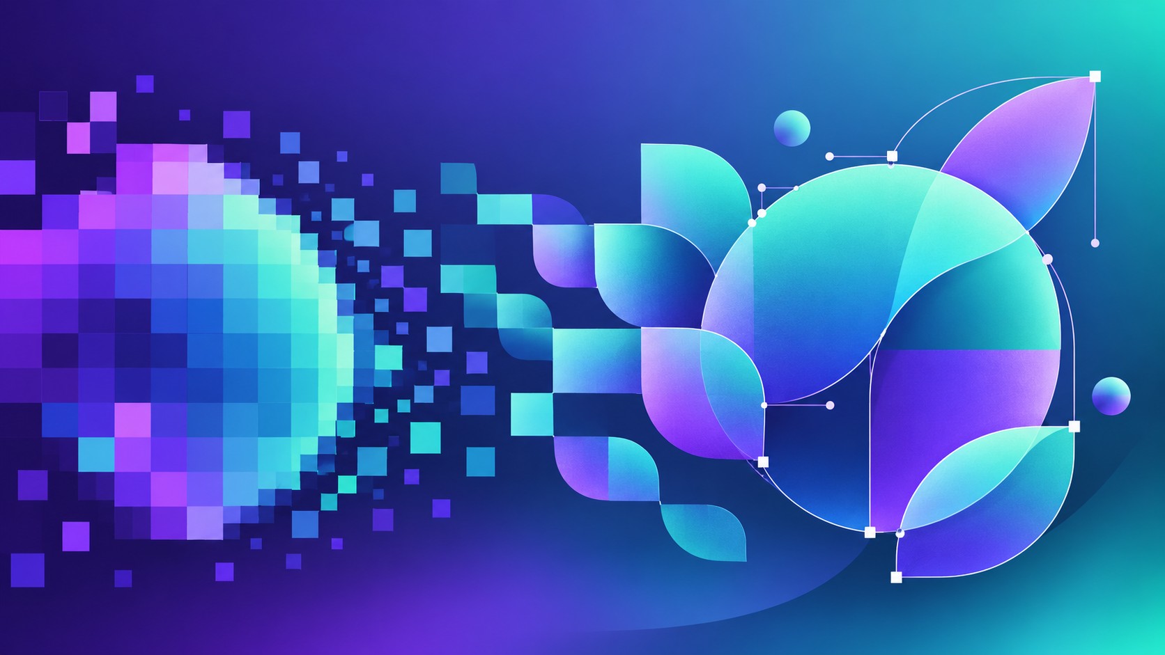Ilustração abstrata de formas pixeladas se transformando em curvas vetoriais suaves, representando geração de SVG por IA