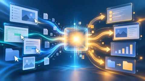 Interface digital abstrata com núcleo luminoso e cursores convergindo, simbolizando um modelo de IA agindo em aplicativos