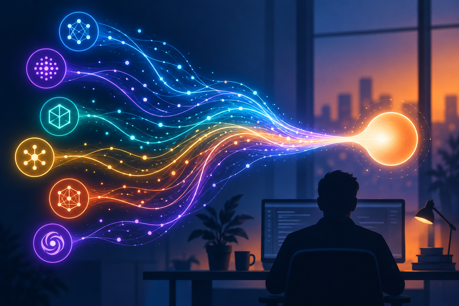 Ilustração abstrata mostrando vários fluxos coloridos de dados de modelos de IA convergindo em um único ponto de luz, representando o GitHub Copilot Fusion orquestrando múltiplos modelos para um desenvolvedor
